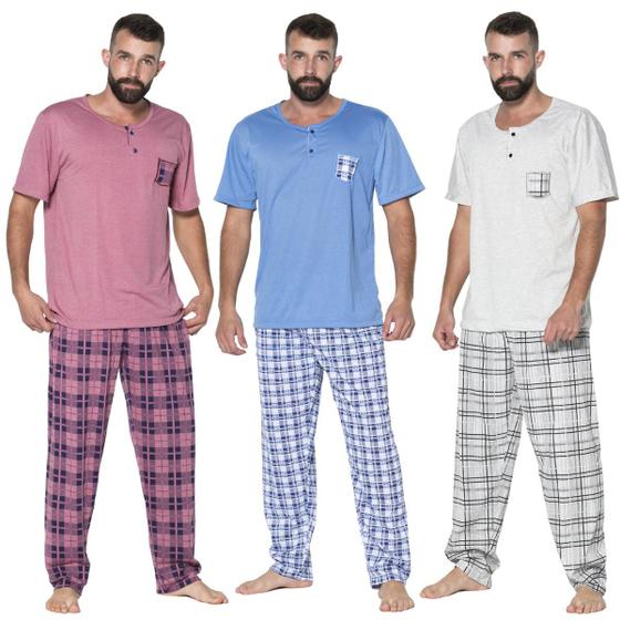 Imagem de Kit 5 Pijamas Malha Masculino Camisa Com Bolso Lisa Calça Estampada