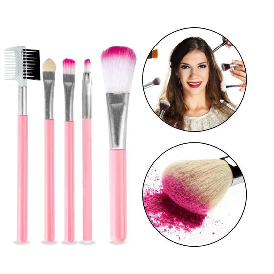 Imagem de Kit 5 Pincéis Maquiagem Rosa Rosto Make-Up Pó Sombra Batom