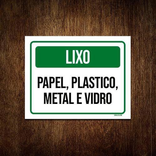 Imagem de Kit 5 Placa Sinalização Lixo Papel Plástico Metal Vidro Ver