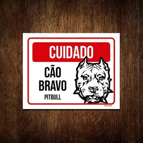 Imagem de Kit 5 Placas Cuidado Cão Cachorro Bravo Pitbull