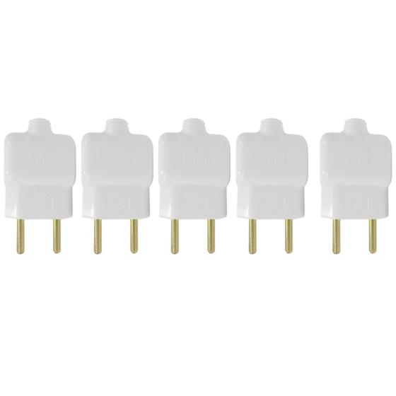 Imagem de Kit 5 Plug Tomada Pino Macho Prensa Cabo 2P Branco 10A 250V