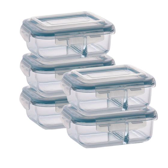 Imagem de Kit 5 Pote de Vidro Hermético Com Divisoria 640ml Marmita