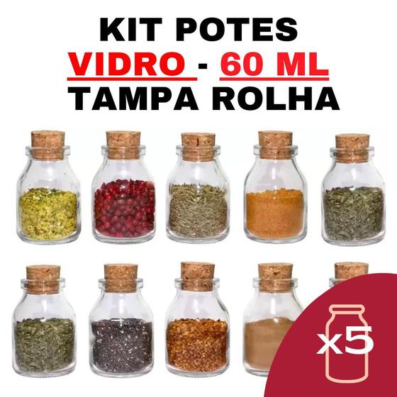 Imagem de Kit 5 Potes de Vidro com Rolha 60ml - Porta Temperos