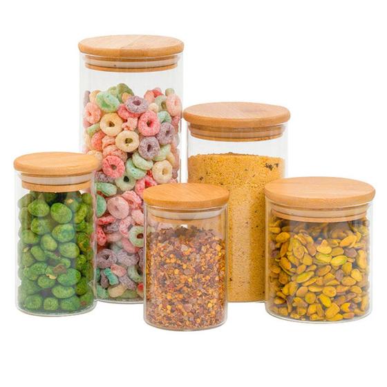 Kit 5 potes de vidro com tampa de bambu herméticos redondos - Tüd - TUD