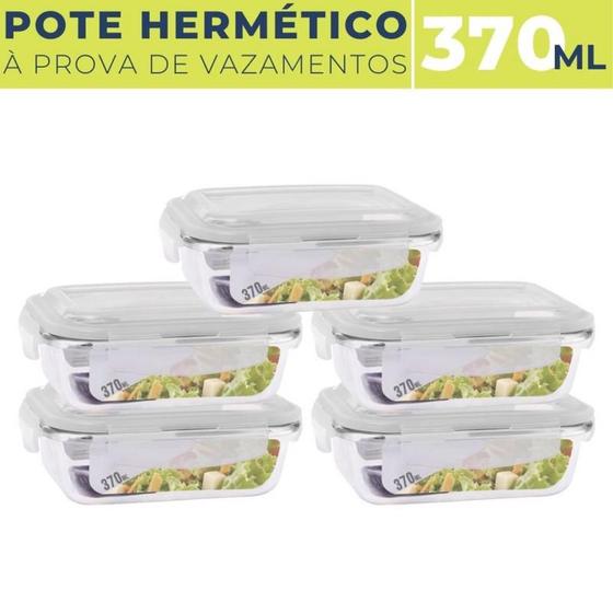 Imagem de Kit 5 Potes de Vidro Hermético Marmita 4 Travas 370 ml Fitness Mantimentos Tampa Alimentos Microondas Retangular Jogo