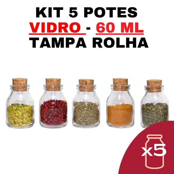 Imagem de Kit 5 Potes de Vidro Penicilina Acompanha 5 Potes de vidro 60Ml com Tampas Tipo Rolha