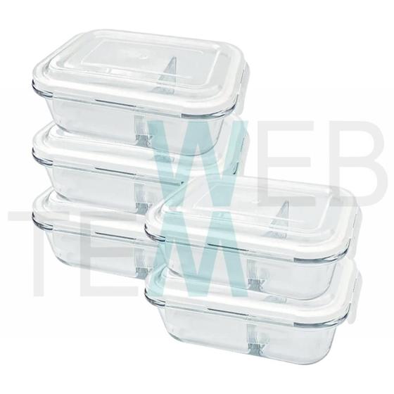 Imagem de Kit 5 Potes Hermético Marmita de Vidro Retangular Com Divisória 1010ml Com Tampa BPA Free: Cozinha Organizada, Sustentabilidade e Alimentos Frescos