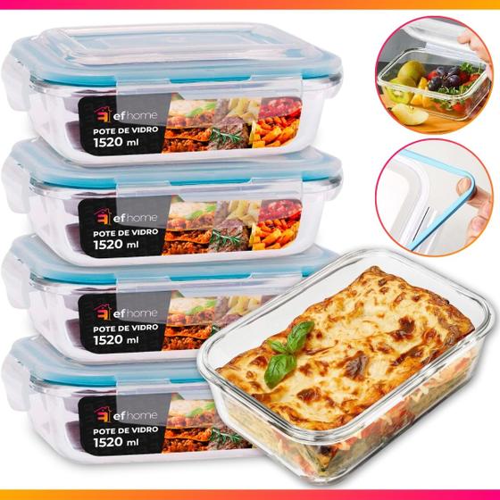 Imagem de Kit 5 Potes Herméticos Retangular Vidro Freezer Microondas Com Tampa Transparente 1500ML