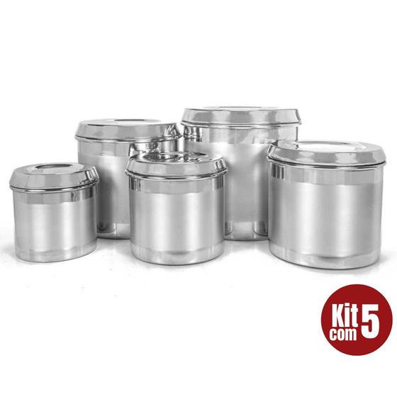 Imagem de Kit 5 Potes Latas Porta Mantimentos Vasilhas de Alumínio Para Arroz Feijão Farinha Açúcar e Café