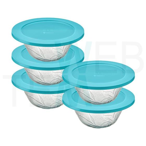 Imagem de Kit 5 Potes Tigela Saladeira de Vidro com Tampa Plástica Lírio 2,5l Vitazza: Para Servir Mesa Posta e Organizar Cozinha Opção Sustentável