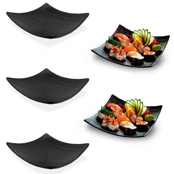 Imagem de Kit 5 Pratos Concavo 15x15 Cm para Sushi em Melamina Preto  Bestfer 