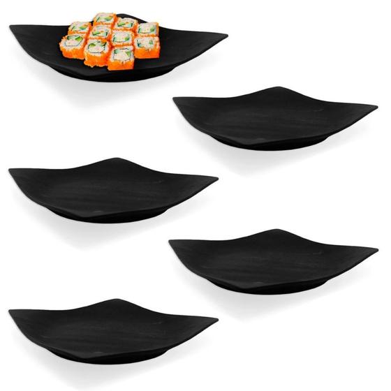 Imagem de Kit 5 Pratos Quadrados em Melamina/Plastico para Sushi 22,5 Cm Preto  Bestfer 