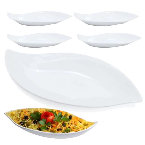 Imagem de Kit 5 Pratos Travessas 50 Cm em Melamina Premium Branco com Formato de Folha Buffet Restaurante Bestfer