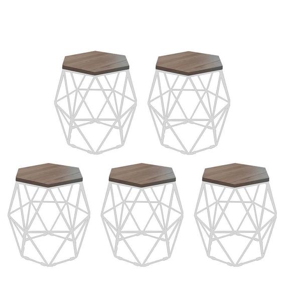 Imagem de Kit 5 Puff Banqueta Luna Decorativo Sala Quarto Ferro Branco Assento MDF Caramelo - Ahazzo Móveis