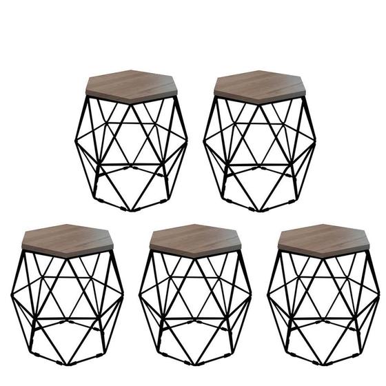 Imagem de Kit 5 Puff Banqueta Luna Decorativo Sala Quarto Ferro Preto Assento MDF Madeira - Ahazzo Móveis