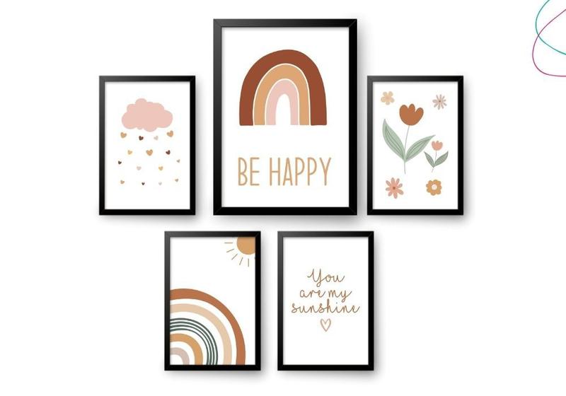 Imagem de Kit 5 Quadros Decorativos Arco-íris Boho Escandinavo