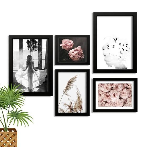 Imagem de Kit 5 Quadros Decorativos Com Moldura Bailarina Rosas