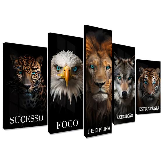 Imagem de Kit 5 Quadros Decorativos Leão Motivacional Mosaico Sala Quarto Escritório