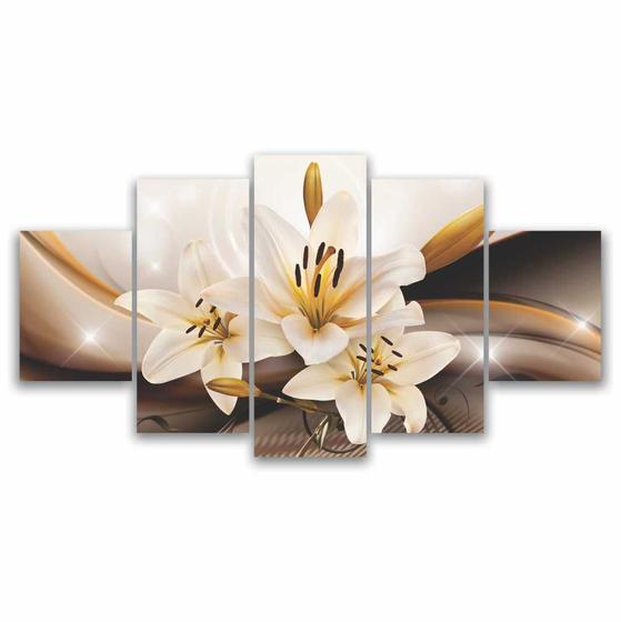 Imagem de Kit 5 Quadros Decorativos Sala Quarto Flor Lírio Dourado GARANTA ESTA OFERTA AGORA