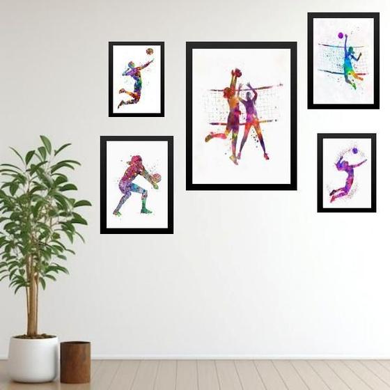 Imagem de Kit 5 Quadros Decorativos Vôlei Aquarela