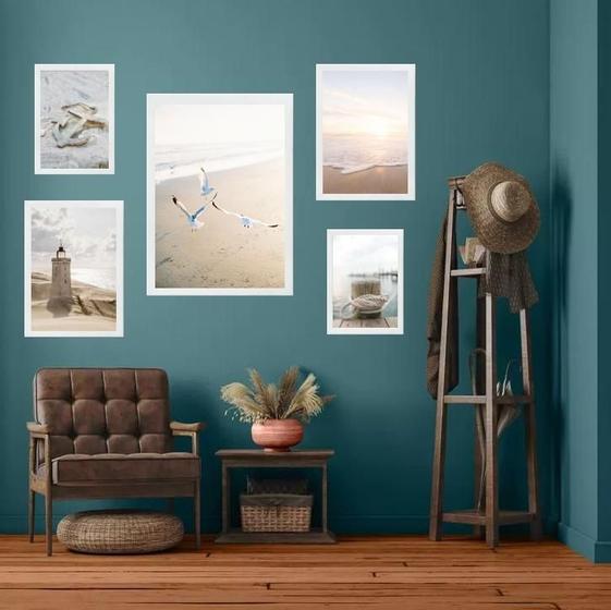 Imagem de Kit 5 Quadros Praia Soft - Branco E Bege - Com Vidro