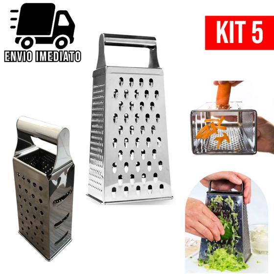 Imagem de Kit 5 Ralador de Legumes e Queijo Fatiador Aço Inox Quatro Faces Multiuso Cortador Original para Cozinha