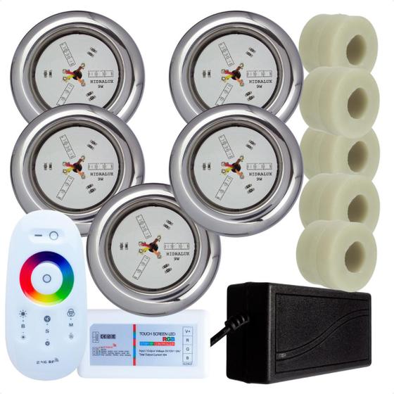 Imagem de Kit 5 Refletores Led 9w RGB Inox e Adaptadores 50mm e Comando Iluminação Piscina