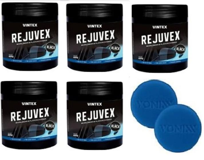 Imagem de Kit 5 revitalizador de plasticos rejuvex black 400g Pasta vintex + 1 par de aplicador