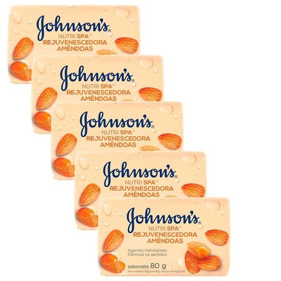 Kit 5 Sabonete Barra Johnson's Rejuvenescedora Amêndoas 80g