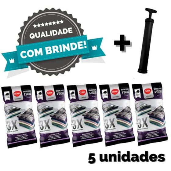 Imagem de Kit 5 Sacos a Vácuo + Bomba de Sucção 3 Tamanhos Variados