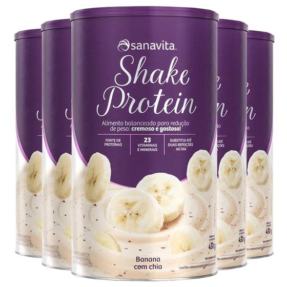 Imagem de Kit 5 Shake Substituto de refeição Sanavita 450g Banana com Chia