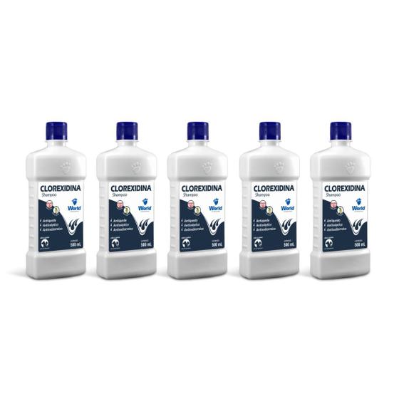 Imagem de Kit 5 Shampoo Clorexidina Dermatite Cães e Gatos World 500ml