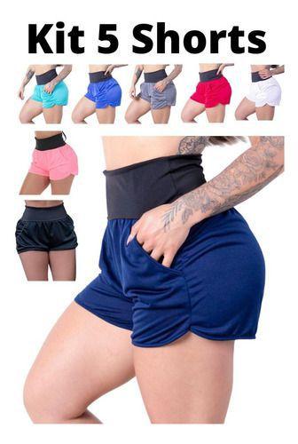 Imagem de Kit 5 Short Com Bolsos Feminino Dry Fit Tecido Furadinho Seca Rápido - Fitmoda