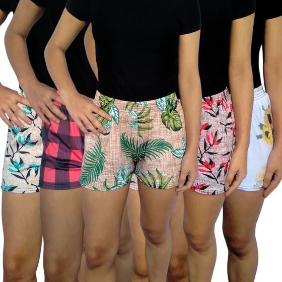 Imagem de Kit 5 Shorts Femininos Curtos Soltinhos Elástico Estampas Sortidas Canelado PP ao Plus Size