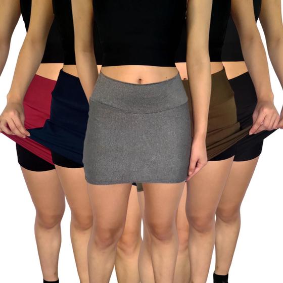 Imagem de Kit 5 Shorts Saias Femininos Justos Cós Lisos Cores Sortidas Suplex Pp ao Plus Size