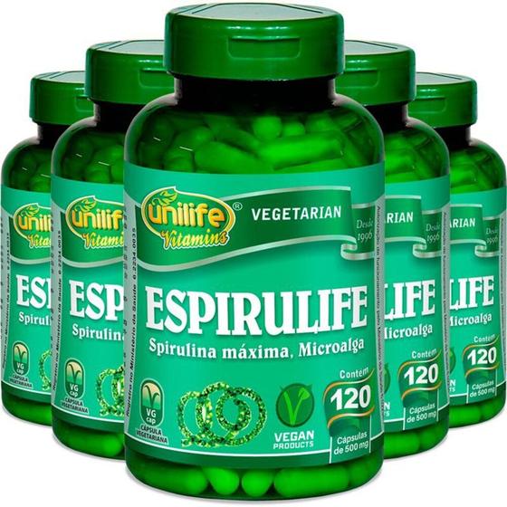 Kit 5 Spirulina 500mg Espirulife Unilife 120 cápsulas Spirulina