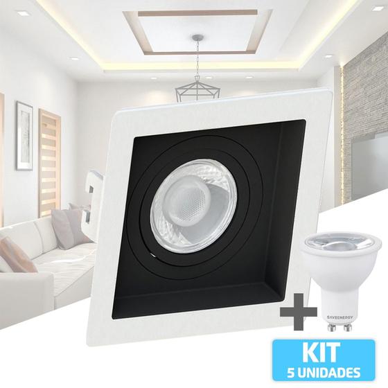 Imagem de Kit 5 Spot Embutir Quadrado Mr11 Branca e Preto + Led 4w