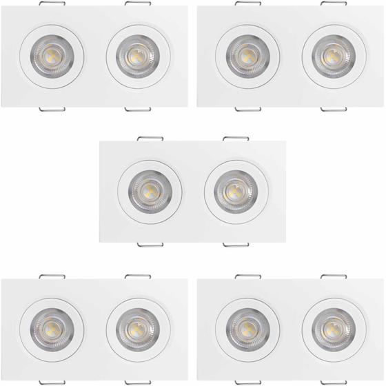 Imagem de KIT 5 SPOT LED QUADRADO DUPLO DIRECIONAVEL EMBUTIR 10W 6500k CORPO BRANCO EMBULED