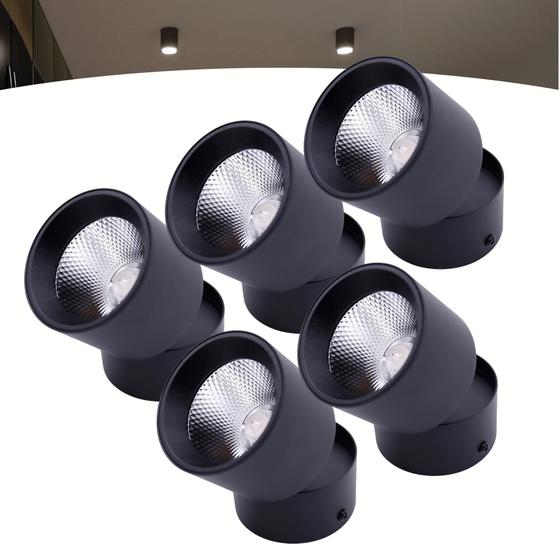 Imagem de Kit 5 Spot Led Sobrepor Preto Redondo Luz Direcionável Bivolt 20w Luz Frio