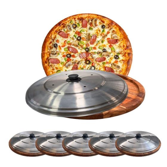 Imagem de Kit 5 Suportes Bandeja Para Cortar E Servir Pizza 25Cm Com Tampas