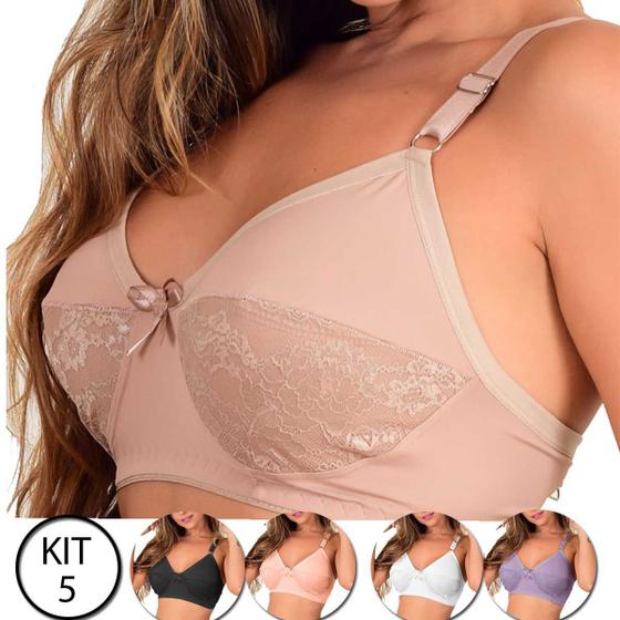 Imagem de Kit 5 Sutiãs Plus Size Sustentação Reforçado Sem Bojo Lingerie Feminina Grande Soutien Alças Largas 