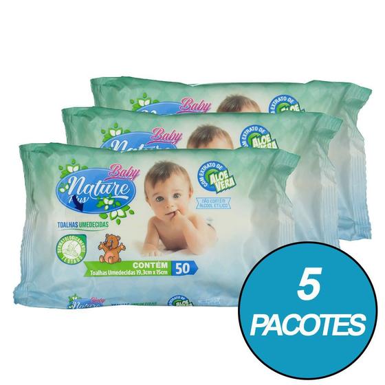 Imagem de Kit 5 Toalhas Umedecidas Baby Nature Plus Com Extrato de Aloe Vera com 50 unidades