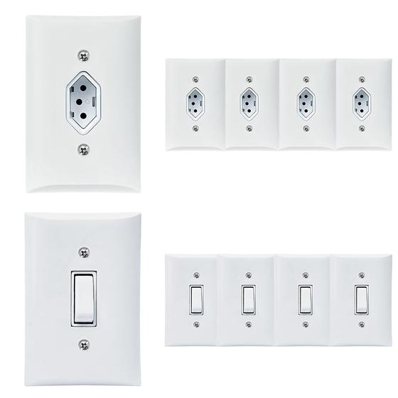 Imagem de Kit 5 Tomadas Simples 2p+t 10A + 5 Interruptores Simples 1 Tecla Com Espelho Branco Bivolt 127V e 250V 