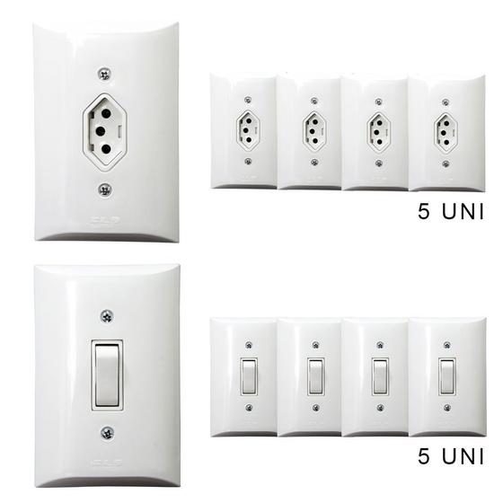 Imagem de Kit 5 Tomadas Simples 2p+t 10A + 5 Interruptores Simples 1 Tecla Com Espelho Branco Bivolt 127V e 250V 