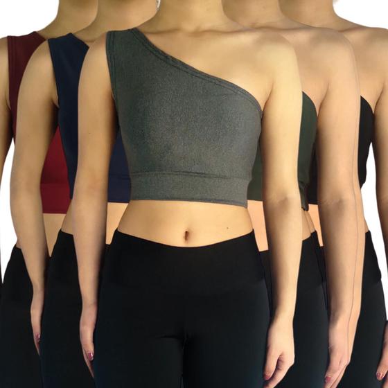 Imagem de Kit 5 Tops Femininos Cropped Regata Um Ombro Mula Manca Lisos Cores Sortidas Suplex Pp ao Plus Size