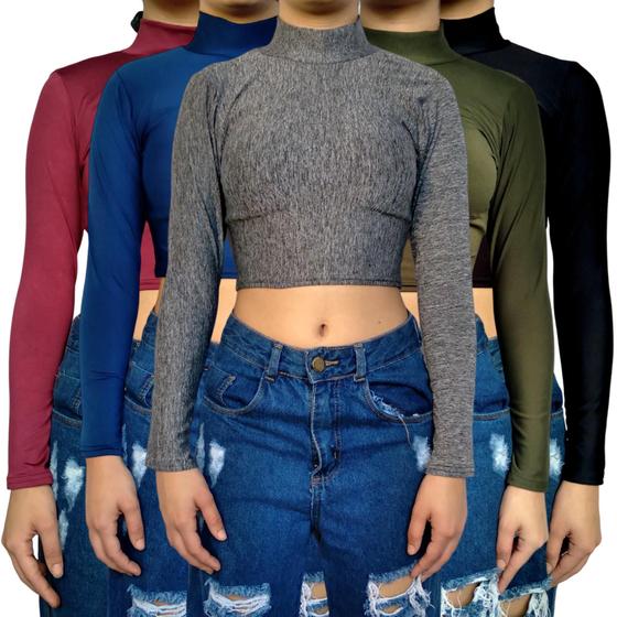 Imagem de Kit 5 Tops Femininos Manga Longa Gola Alta Justos Lisos Cores Sortidas Suplex Pp ao Plus Size