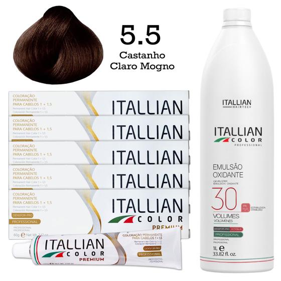 Kit 5 Un Coloração 5.5 Castanho Claro Mogno + Oxidante de 1L 30 Vol Itallian Color - Itallian Hairtech Imagem de Kit 5 Un Coloração 5.5 Castanho Claro Mogno + Oxidante de 1L 30 Vol Itallian Color