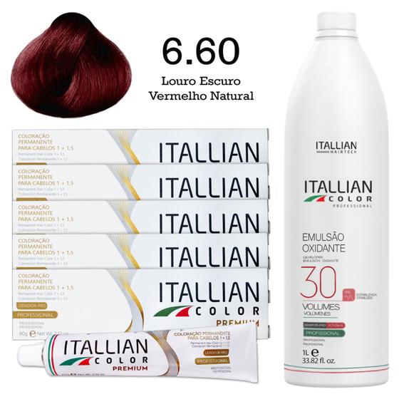 Imagem de Kit 5 Un Coloração 6.60 Louro Escuro Vermelho Natural + Oxidante de 1L 30 Vol  Itallian Color