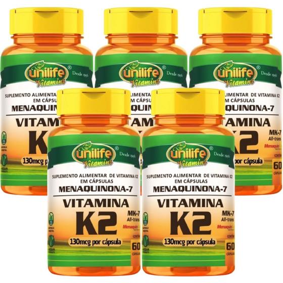 Imagem de Kit 5 Un Vitamina K2 Mk7 Menaquinona 300 Caps Vegano Unilife