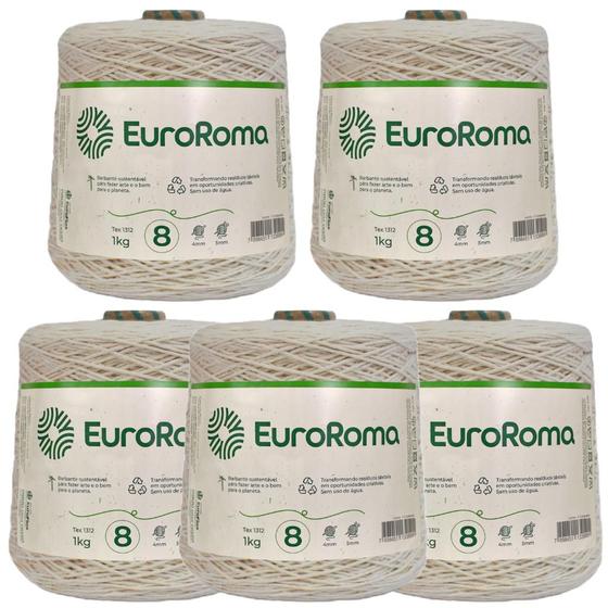 Imagem de Kit 5 Unidades Barbante Cru 1kg Fio n8 de 85% Algodão Euroroma para Tapetes, Caminhos e centros de mesa, Porta sacos e papel higiênico e Almofadas